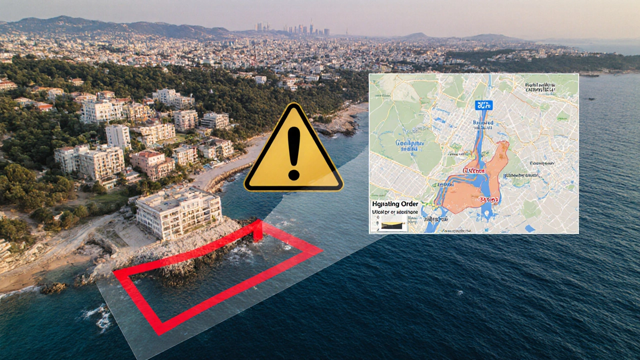 Küstenimmobilie in Griechenland mit verbotener Bauzone, Abrisswarnung und geplanten Infrastrukturprojekten in der Umgebung.