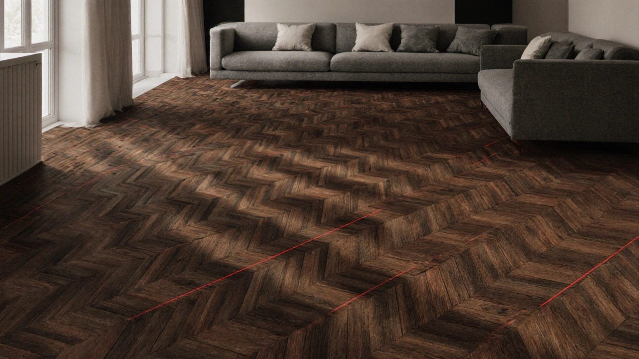 Luxuriöses Fischgrät-Muster aus Nussbaum in einem minimalistischen Wohnraum mit diagonalen Holzstäben.