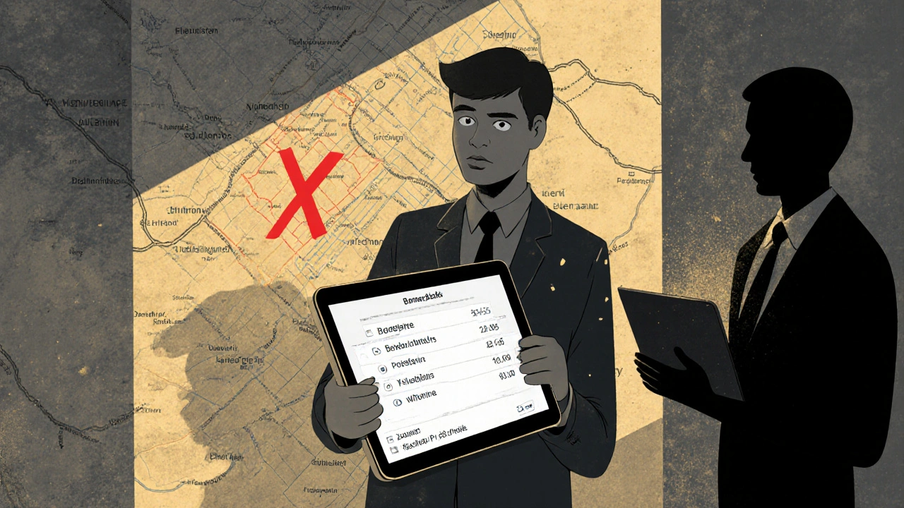 Mensch vergleicht veraltete Grundstücksmappe mit digitalem Wert, während Finanzamt ignoriert.