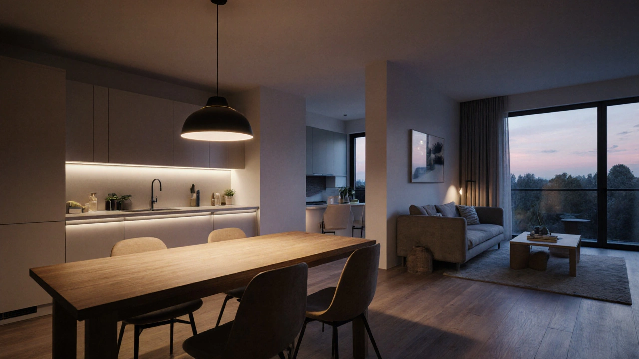 Pendelleuchte über dem Esstisch und sanftes Licht in der Lounge teilen den offenen Raum durch Beleuchtung.