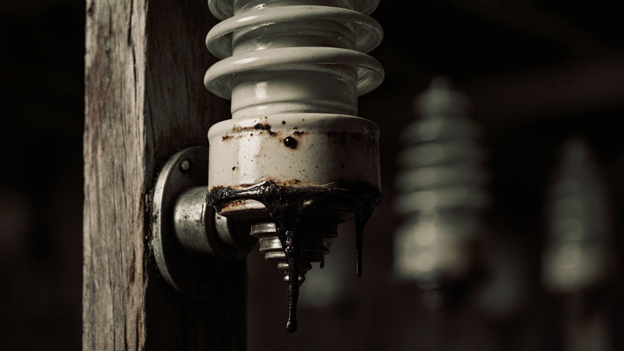 Porzellan-Isolator mit dunklen, öligen Ablagerungen an einem alten Holzbalken.