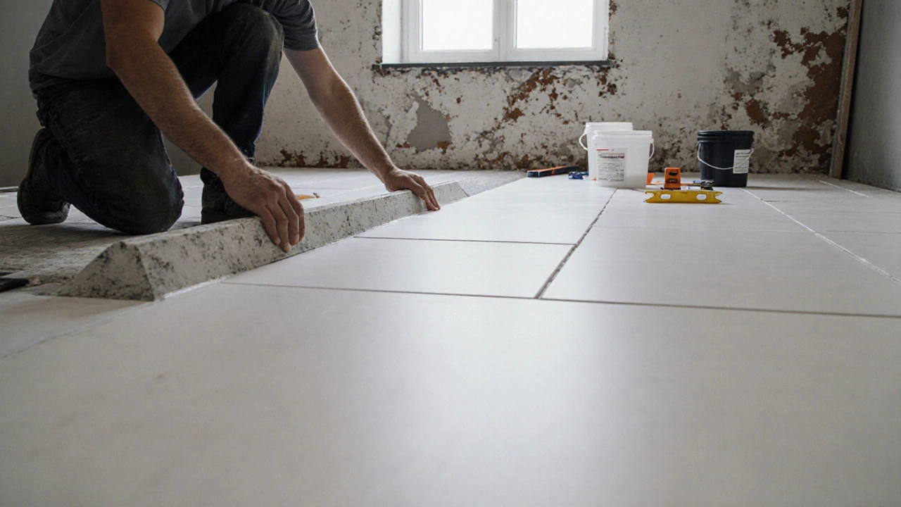 Professional laying new ceramic tiles in a modern bathroom renovation