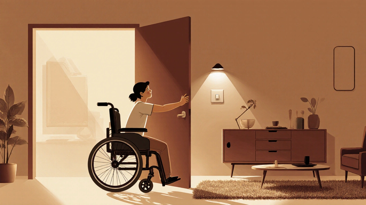 Rollstuhlnutzer erreicht Lichtschalter in 90 cm Höhe, Tür ohne Schwelle und Sideboard mit Kniefreiheit.