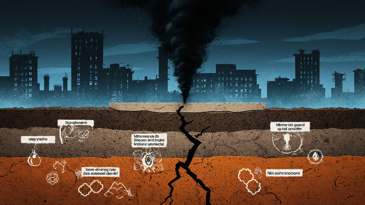 Schadstoffe im Boden unter einem Wohnhaus: Blei, Mineralöl und Asbest in einer kontaminierten Erdschicht.