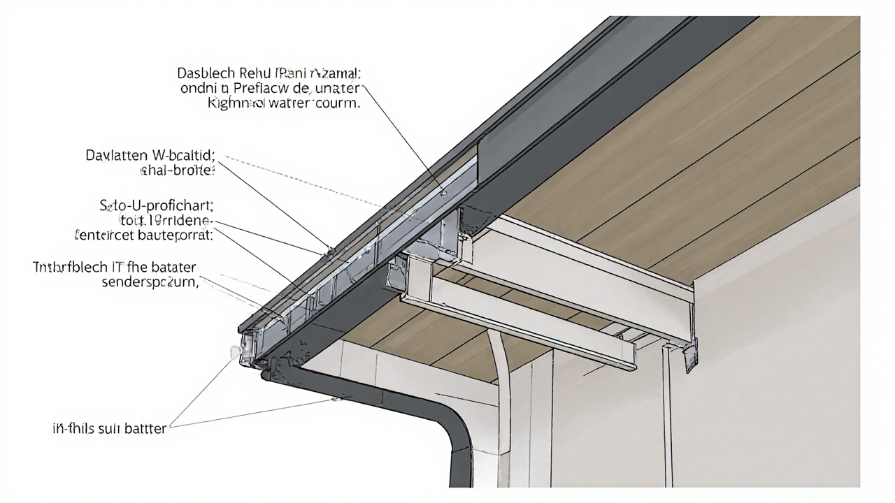 Schnittansicht eines Dachüberstands mit Stahl-U-Profilen zur Verlängerung und korrekter Wasserführung in die Dachrinne.