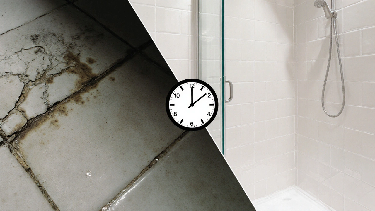 Split image: peeling paint vs. new tiles with time markers