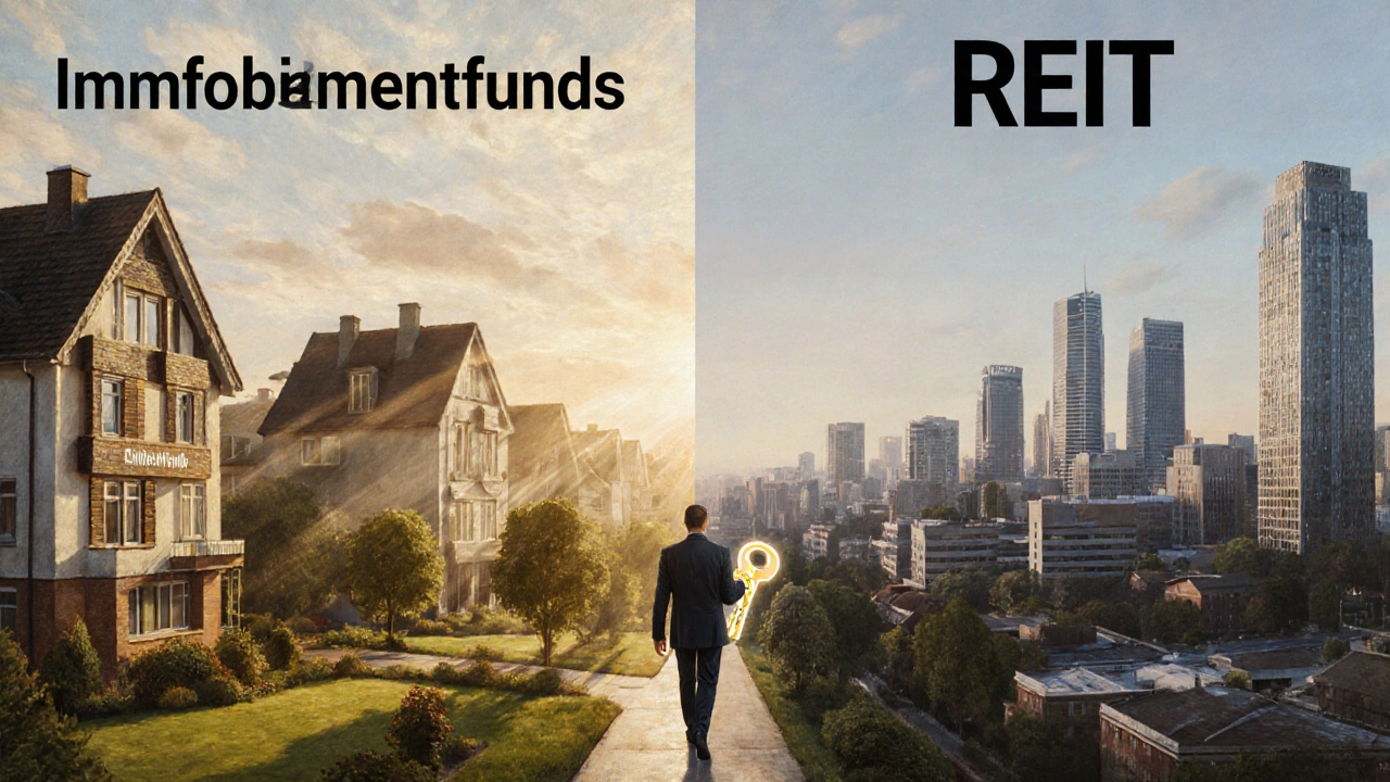 Stadtbild geteilt: Gemütliche Wohngebiete links, Gewerbeimmobilien rechts, mit Investor auf dem Weg zwischen beiden.