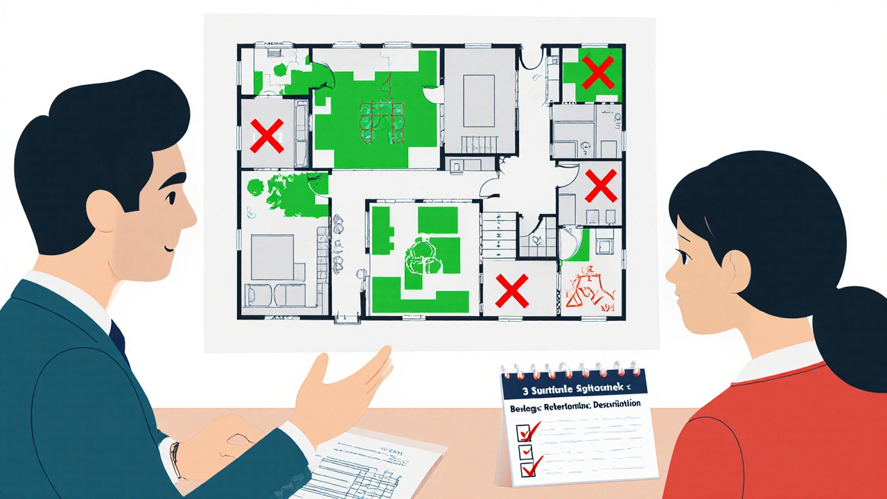 Steuerberater und Hausbesitzer besprechen eine Hauspläne mit abzugsfähigen und nicht abzugsfähigen Sanierungsarbeiten.