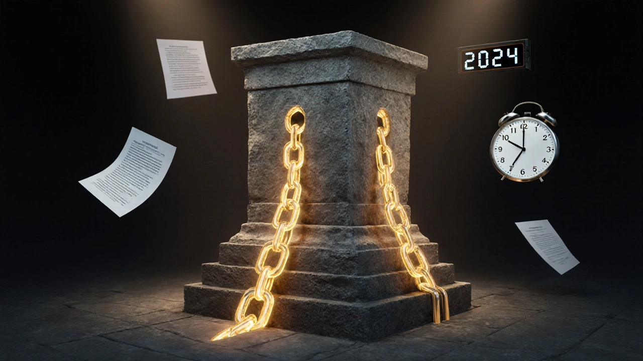 Symbolische Darstellung einer Grundschuld als goldene Kette, die an einem Hausfundament befestigt ist, während eine Kette abgelöst wird.