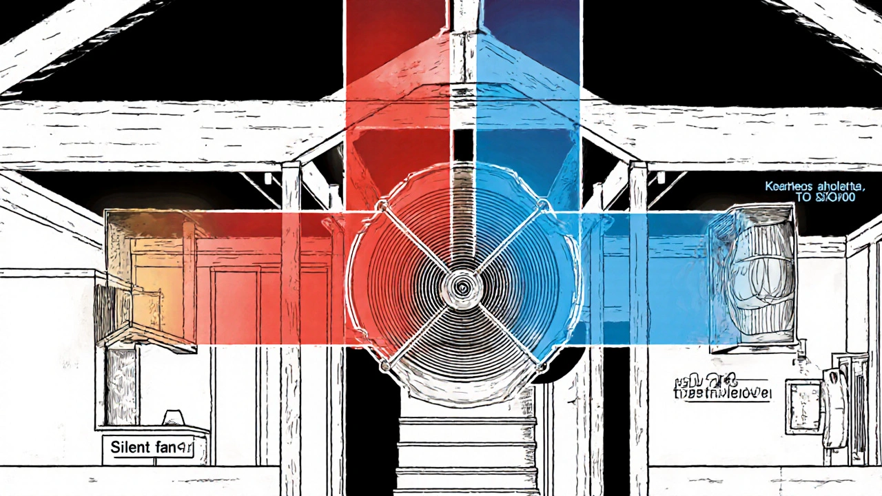 Technische Darstellung eines Wärmetauschers in einer zentralen Lüftungsanlage mit Luftströmen und Kennzeichnungen.