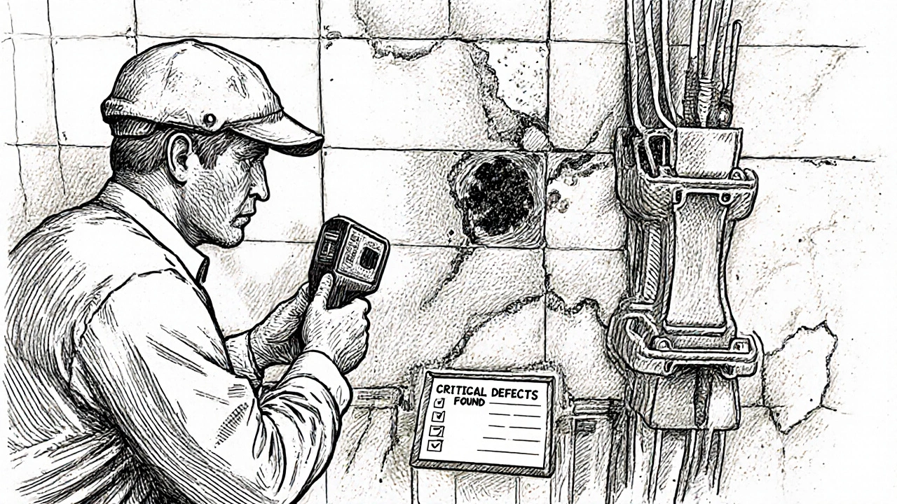 Technischer Gutachter entdeckt Feuchtigkeitsschäden und veraltete Elektrik hinter neuen Fliesen in einer portugiesischen Wohnung.