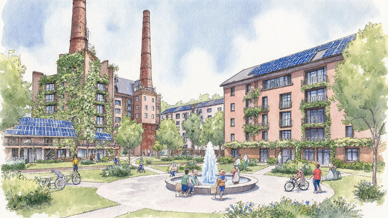 Umwandlung eines ehemaligen Industrieareals in einen grünen, sozial gemischten Stadtteil mit Gemeinschaftsgärten und Seniorenzentrum.