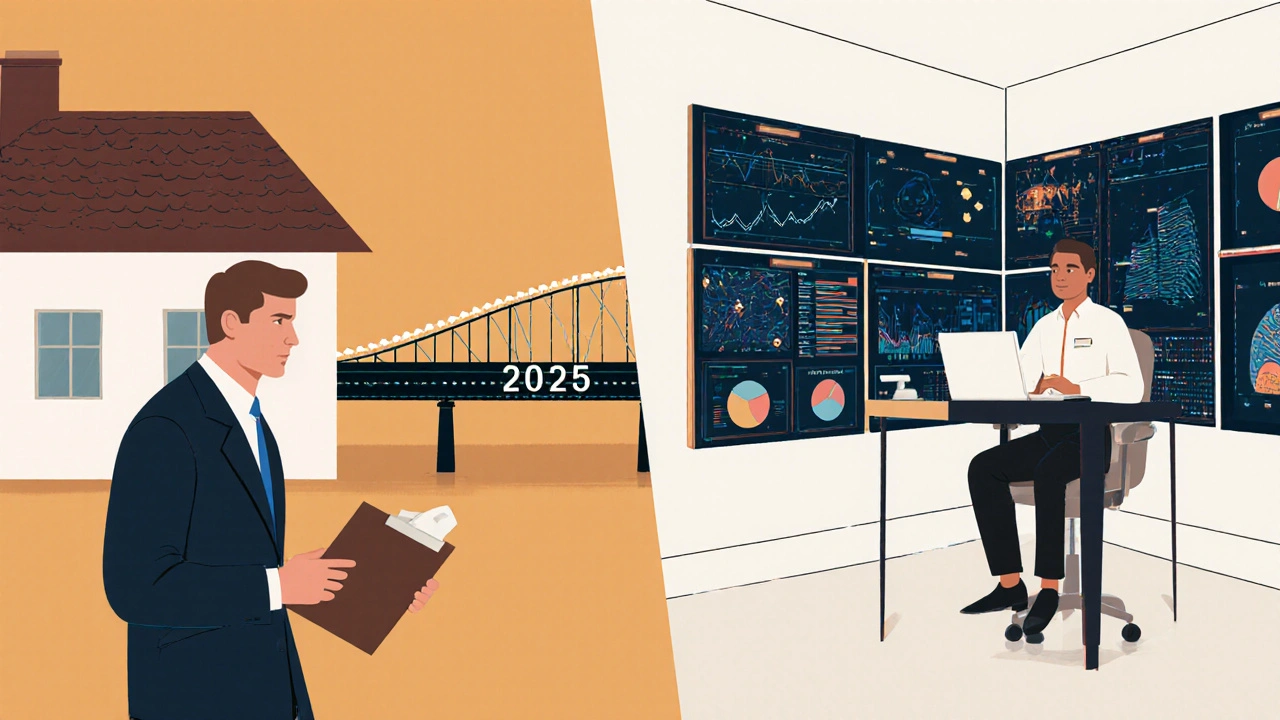 Vergleich: Traditioneller Gutachter links, digitaler Analyst mit Datenbildschirmen rechts.