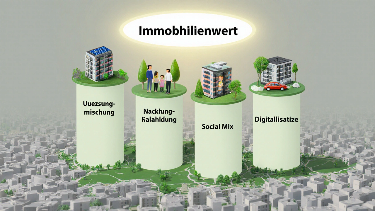 Vier Säulen der nachhaltigen Quartiersentwicklung stützen eine wachsende Stadtlandschaft mit Energie, Sozialmix und Digitalisierung.