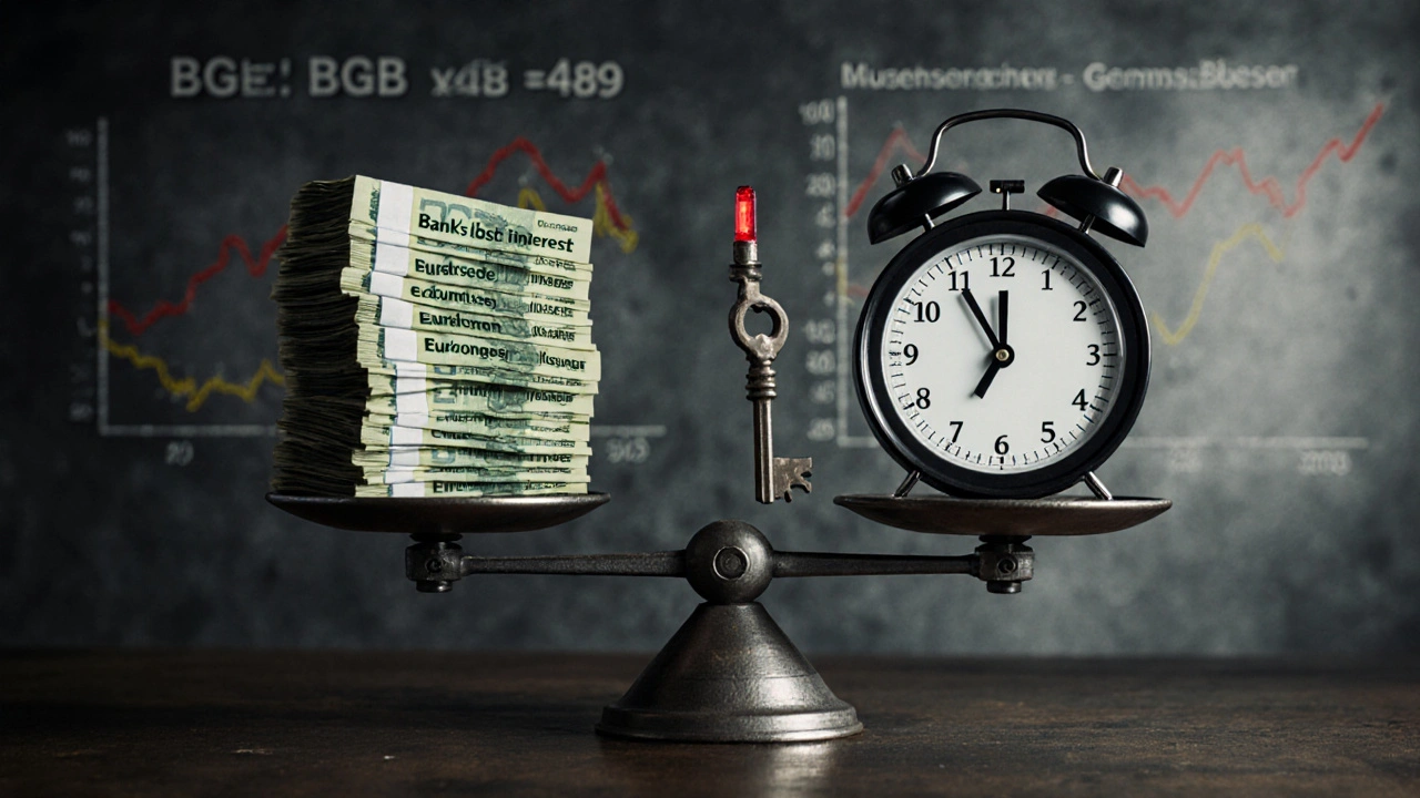 Waage mit Bankverlust auf einer Seite und Haus schlüssel sowie Zeit auf der anderen, symbolisiert ungleiche Kosten.