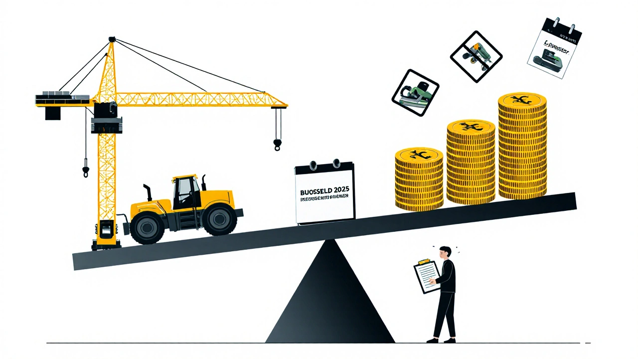 Waage mit Baumaschine und wachsenden Bußgeldern, daneben eine Person mit Lärmmessgerät und Kalender mit Antragsfrist.