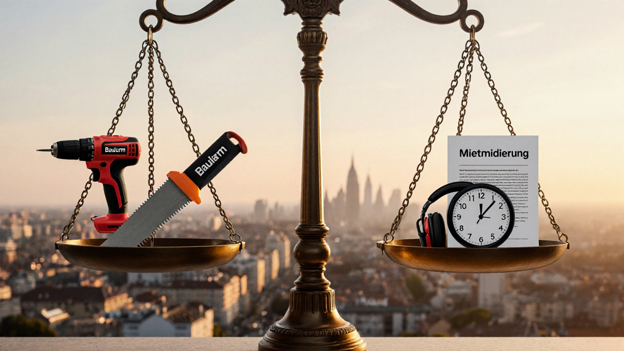 Waage mit Bohrmaschine und Mietminderungsdokument, Uhr zeigt 22:00 Uhr, Symbol für Recht und Ruhe.