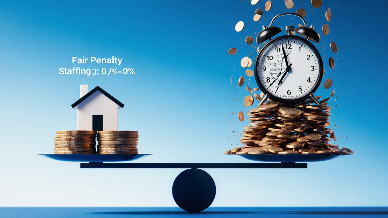 Waage mit fairen und übertriebenen Vertragsstrafen, symbolisch dargestellt als aufeinander opposierende Geldhaufen.