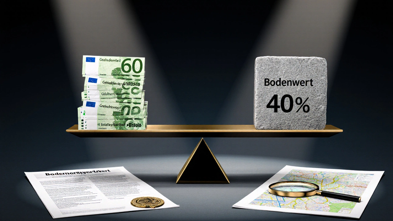 Waage mit Gebäudewert und Bodenwert, umgeben von Steuerdokumenten und Karte.