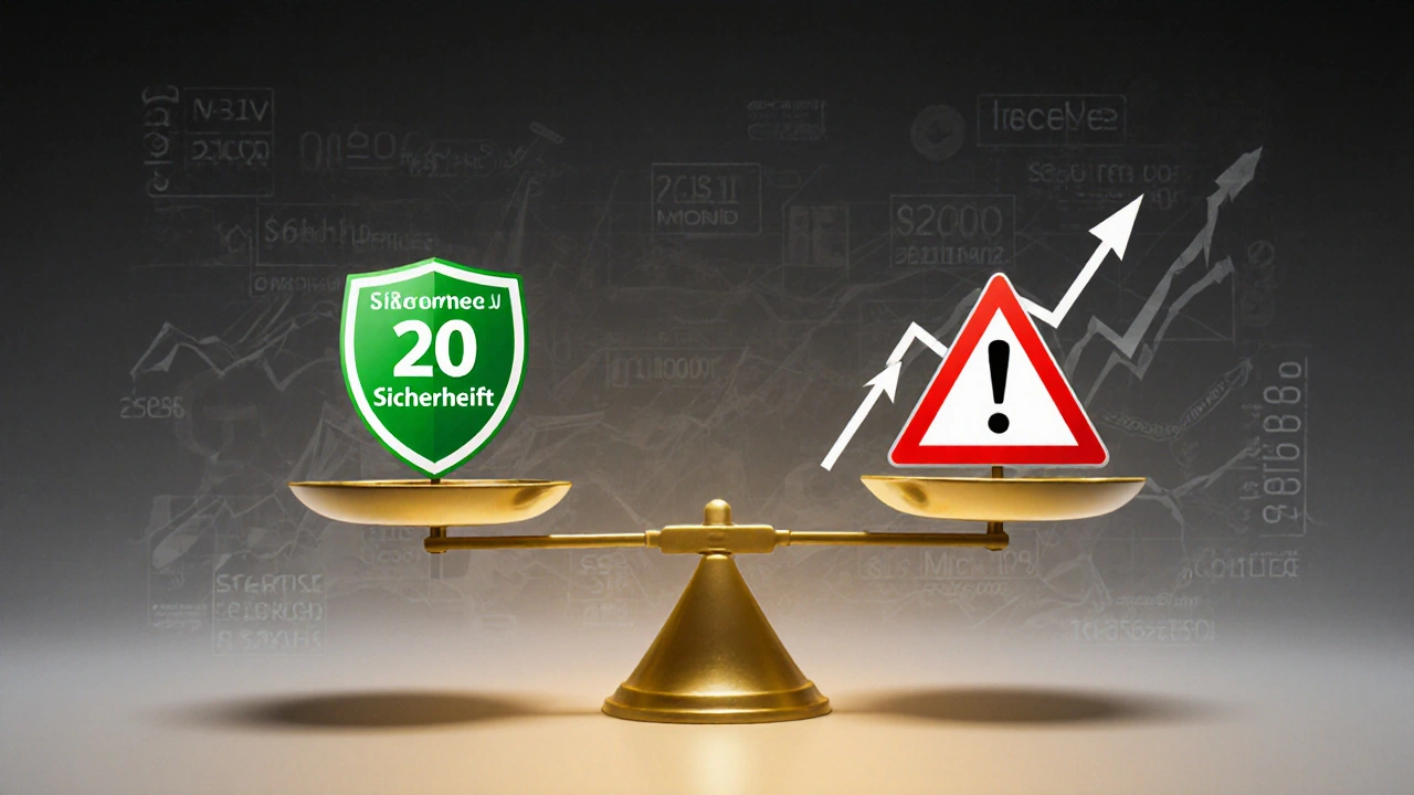 Waage vergleicht 20-jährige Zinsbindung mit Sicherheit und kurze Bindung mit Risiko, Hintergrund mit Anleihen.