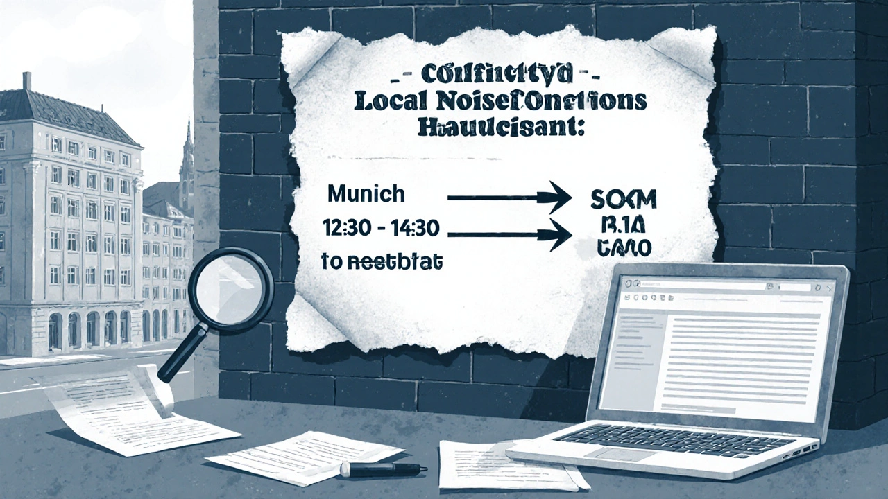 Wand mit kommunalen Lärmschutzregeln verschiedener deutscher Städte, umgeben von Dokumenten und einem Laptop mit veralteter Webseite.