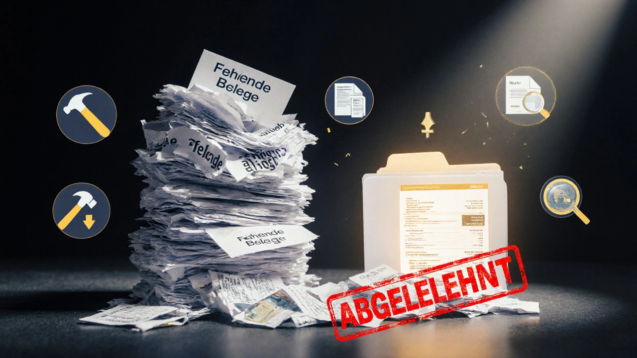 Zusammengebrochene Dokumente mit Ablehnungsstempel neben einem gut organisierten Ordner mit Belegen und Fotos.