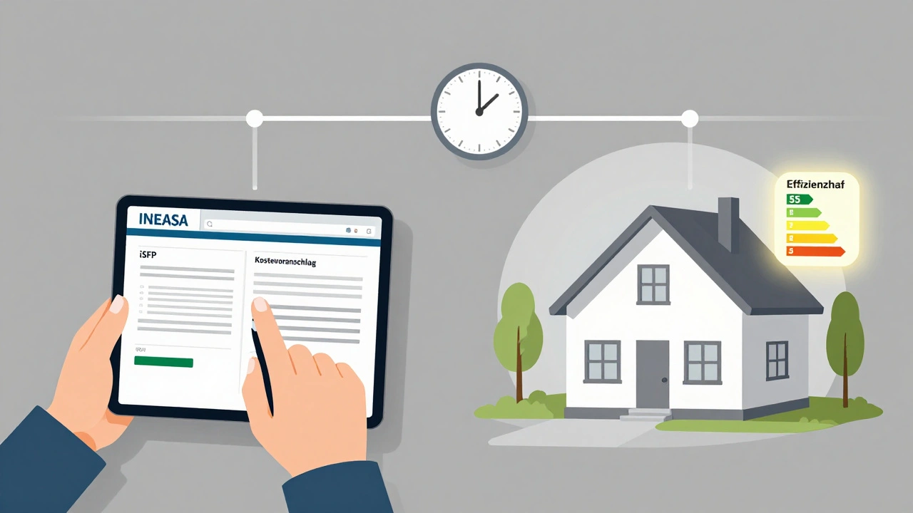 Aufteilung: Links Hausbesitzer reicht BAFA-Antrag ein, rechts das sanierte Haus mit Effizienzhaus-Label.