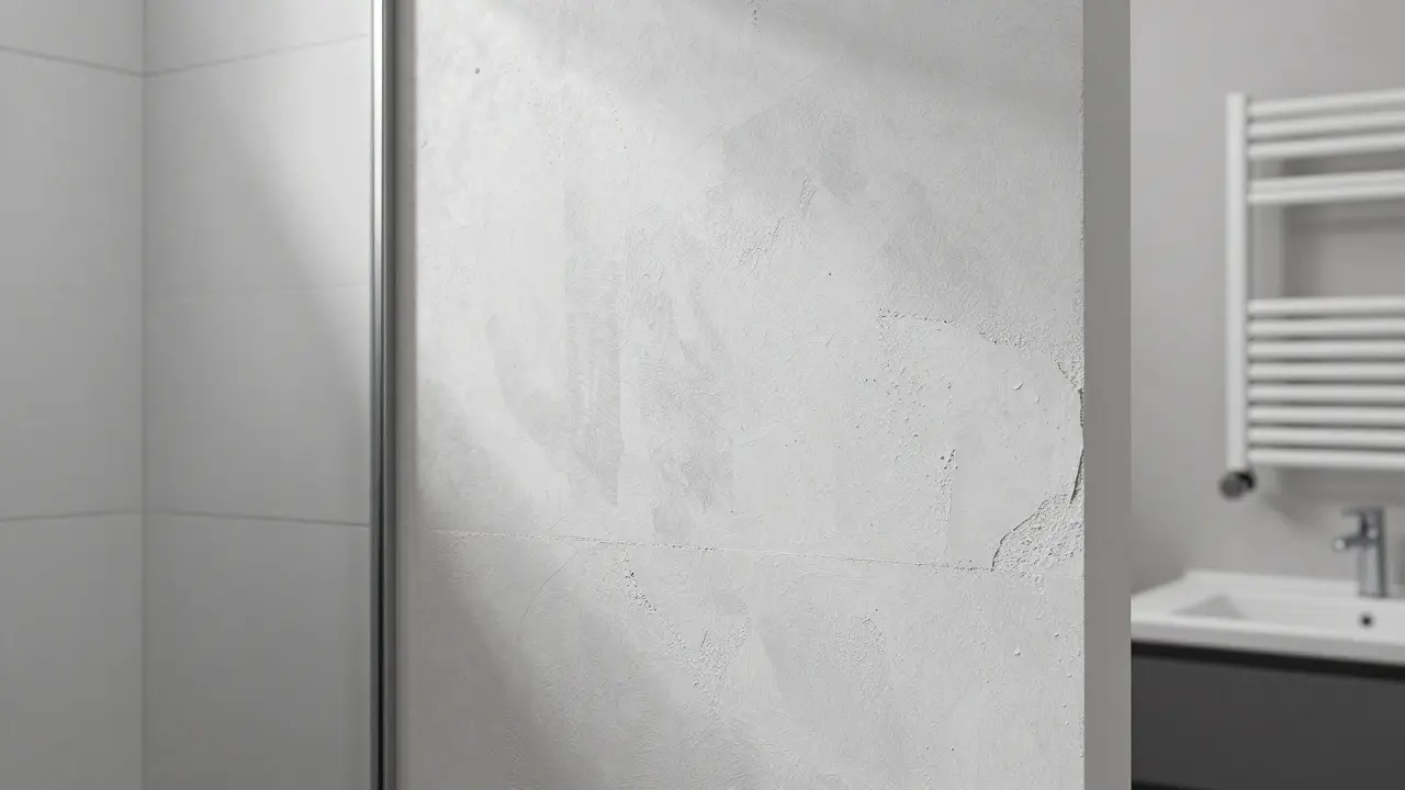 Badezimmerwand mit Kalkzementputz, nahtlos verbunden mit Fliesen und feuchtebeständig.