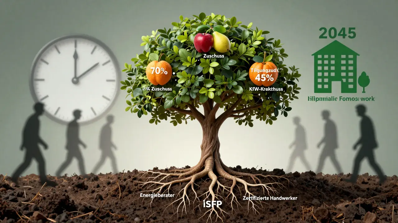 Baum mit Fördermitteln als Früchte wächst aus einem Haus, Wurzeln aus Energieberater und Zertifizierung.
