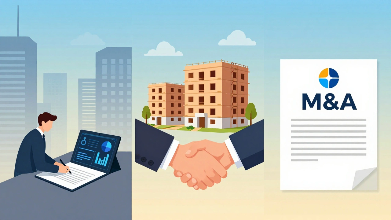 Drei Wege des Immobilienmarkteintritts: Direktkauf, Joint Venture und Unternehmensübernahme, visuell dargestellt in einem Split-Panel.