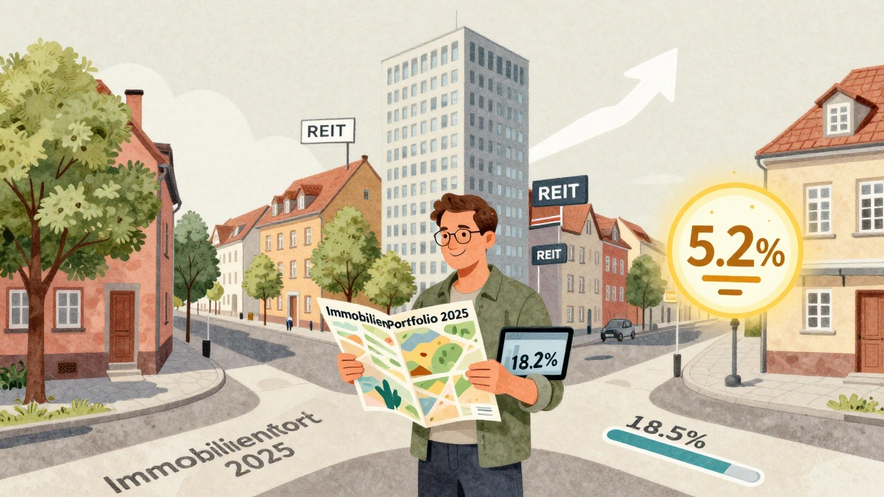 Ein Anleger betrachtet eine Karte mit drei Immobilienstrategien: Wohnen in Leipzig, Gewerbe in Berlin und digitale Fonds.