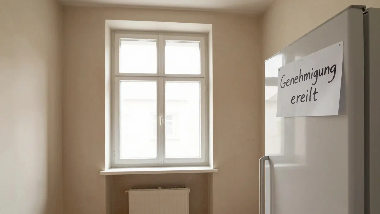 Einfach renovierte Wohnung mit genehmigtem Fenstertausch und handschriftlicher Genehmigungsnachricht an der Kühlschranktür.