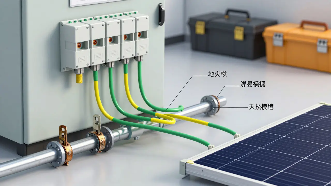 Elektrische Hauptschalttafel mit grün-gelben Leitungen, die zu Metallrohren, Gasleitungen und Photovoltaik-Anlage führen.