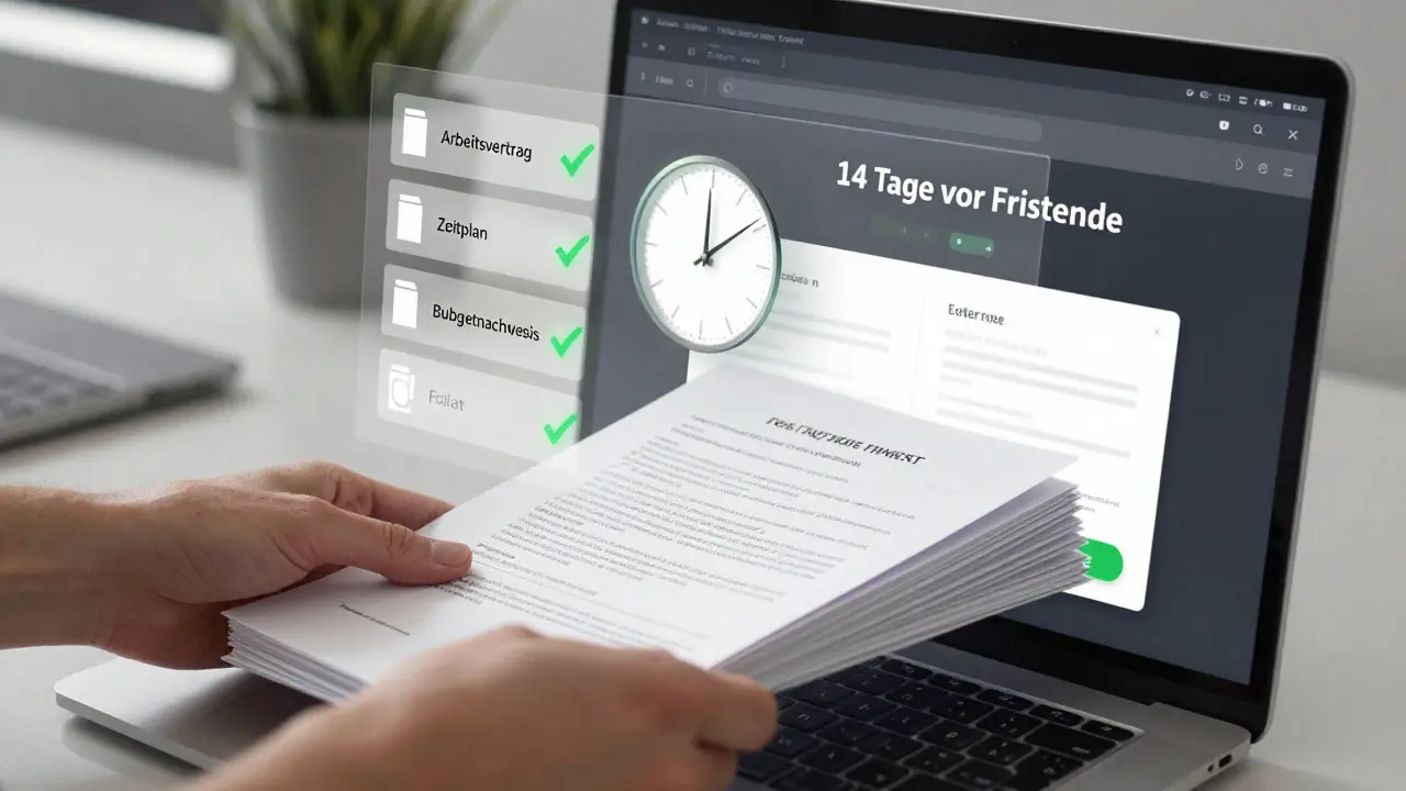 Hände reichen Förderunterlagen digital ein, fehlende Dokumente schweben ab, erfolgreiche Dateien leuchten.