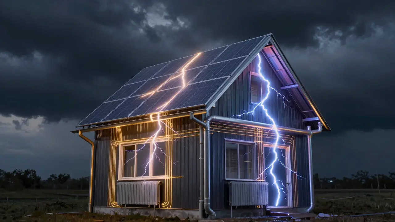 Haus mit unsichtbarem Netzwerk aus elektrischen Potentialverbindungen zwischen allen metallischen Teilen, das vor Blitzschlag schützt.