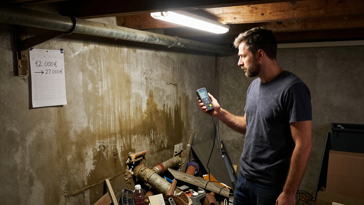 Hausbesitzer in einem feuchten Keller mit Schimmel an der Wand und einem Feuchtigkeitsmessgerät in der Hand.