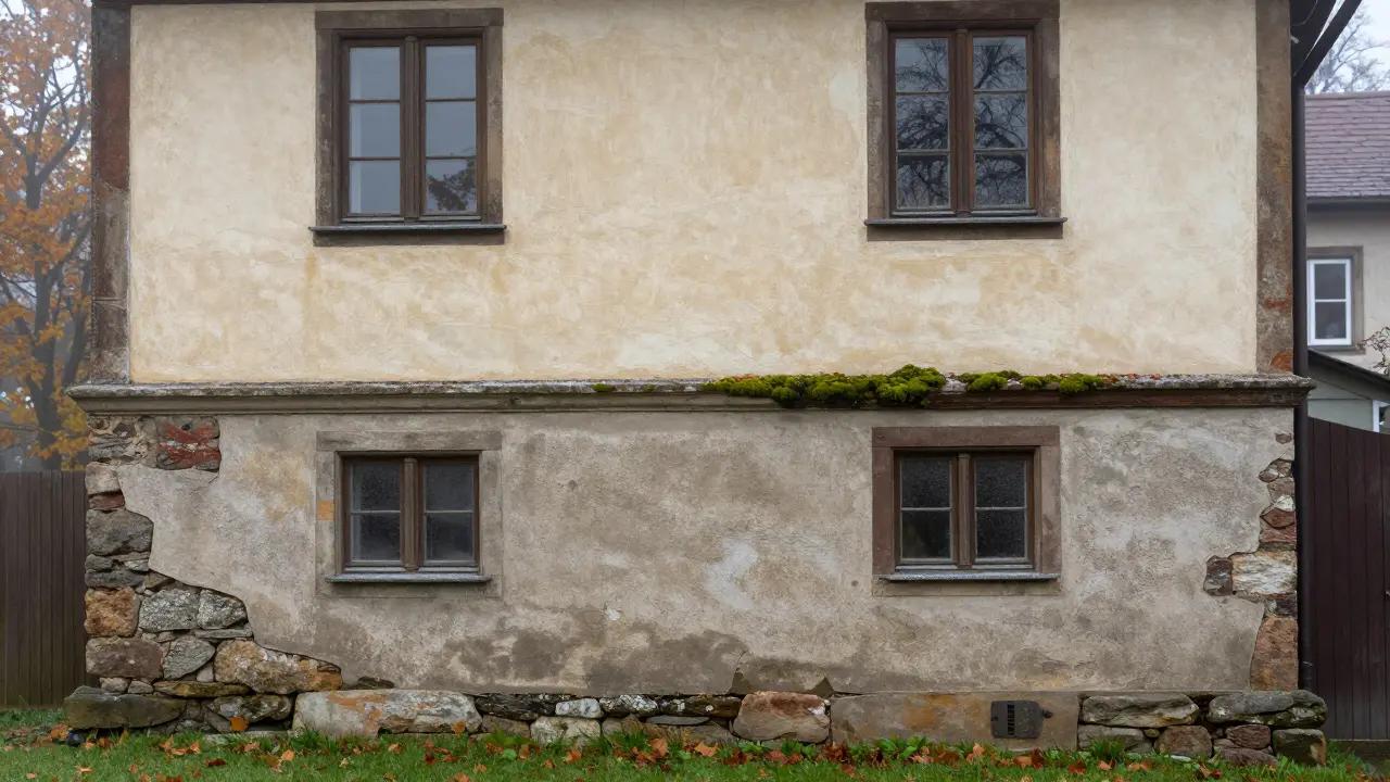 Historisches Haus mit Kalkputz oben und Zementputz im Keller, morgendlicher Nebel.