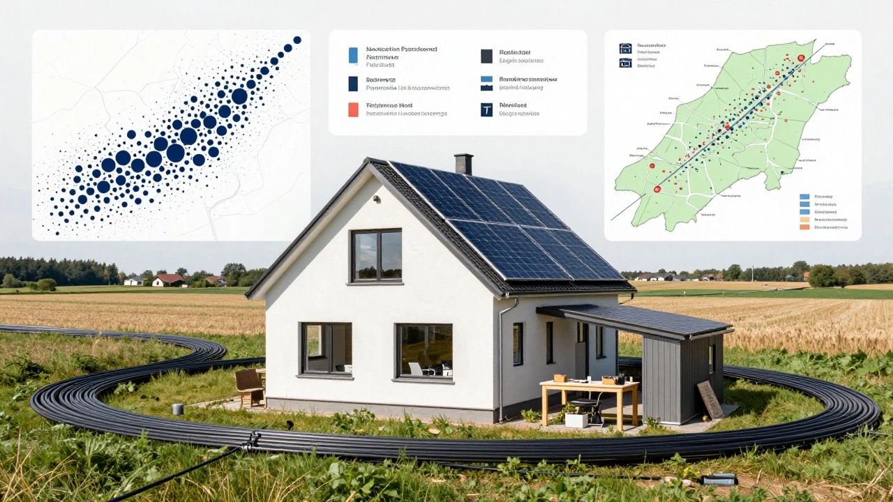 Hybrid-Wohnhaus auf dem Land mit Homeoffice und Werkstatt, umgeben von Glasfaserkabeln und Wachstumskennzahlen.