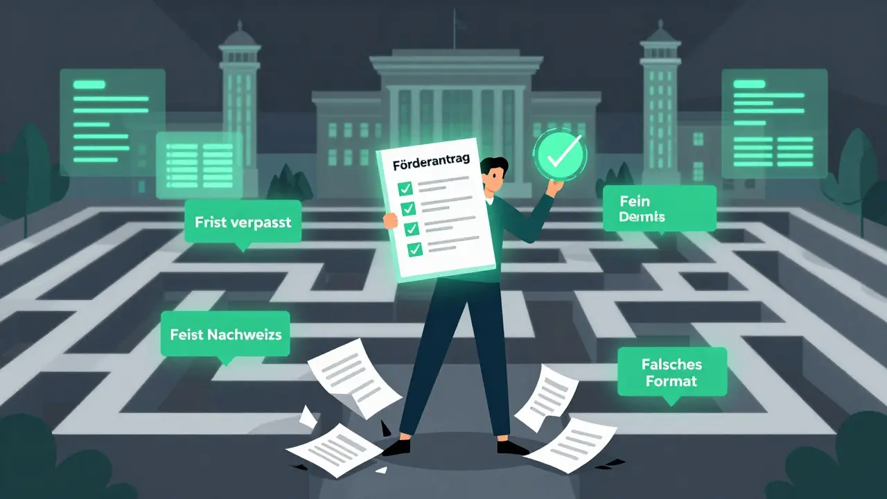 Labyrinth des Förderantrags mit Hindernissen und einem Erfolgsweg mit digitaler Checkliste.