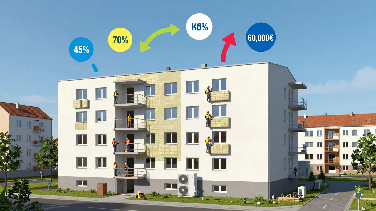 Mehrfamilienhaus wird mit Dämmung, Fenstern und Wärmepumpe saniert; Fördermittel strömen als Pfeile von oben.