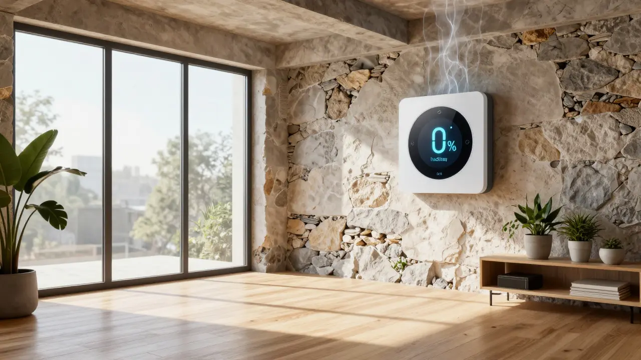 Modern eingerichteter, trockener Keller mit Feuchtigkeitsmonitor, der 0% Luftfeuchtigkeit anzeigt.