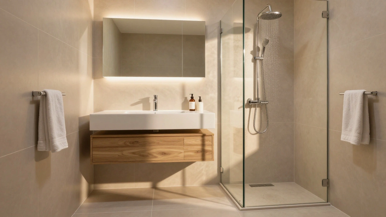 Modernes, fertig renoviertes Badezimmer mit großen Fliesen, LED-Beleuchtung und klarem Design, strahlend sauber und einladend.