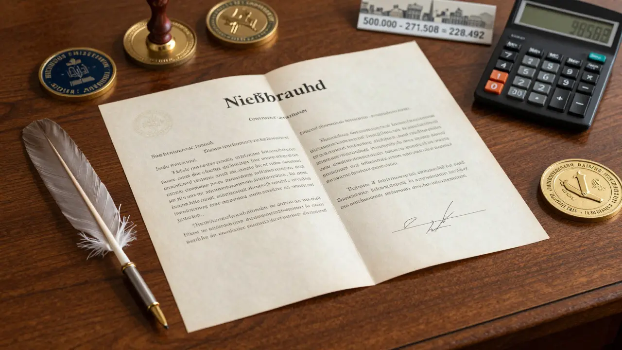 Open notarial contract with financial calculation and official seals on an oak desk.