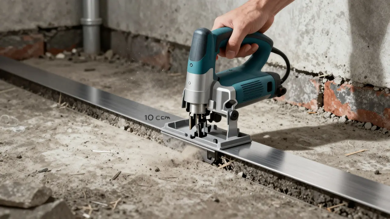 Präzise Mauersäge mit Edelstahlblech, das in eine horizontale Furche in der Kellerwand eingeschoben wird.