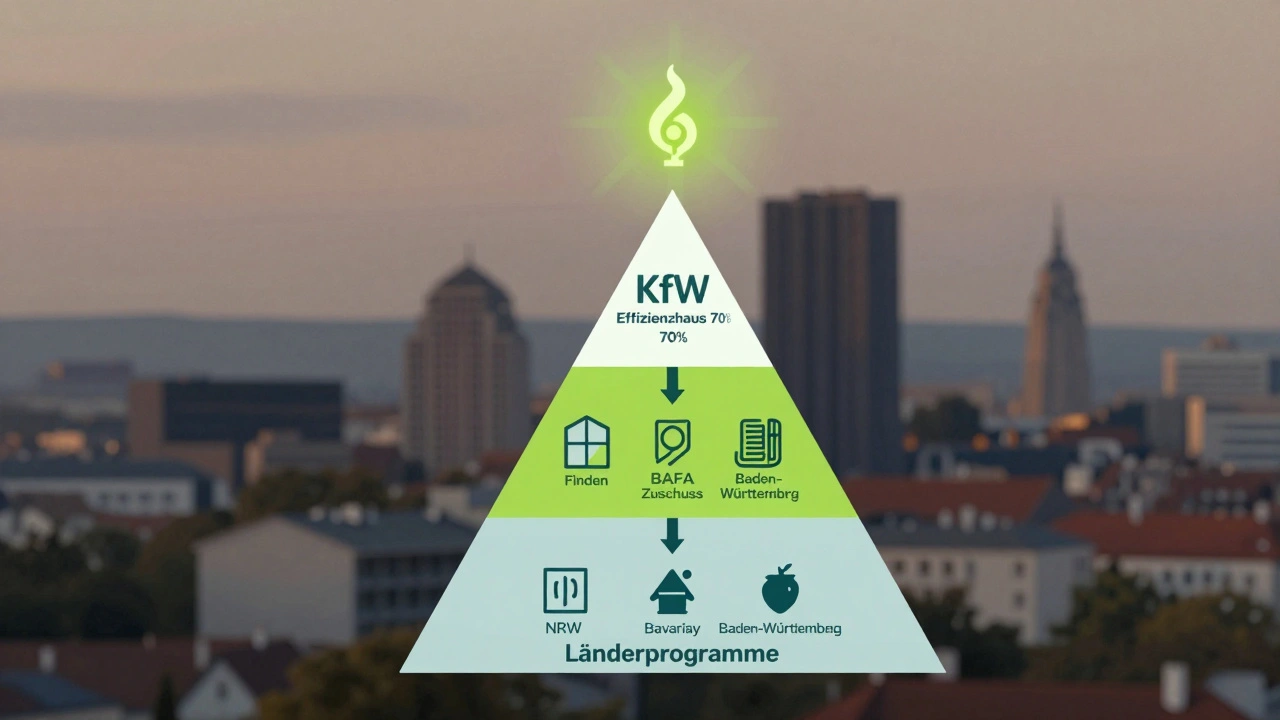 Pyramide aus Förderquellen: Länder, BAFA, KfW, mit Energie- und Sanierungsmaßnahmen als Grundlage.