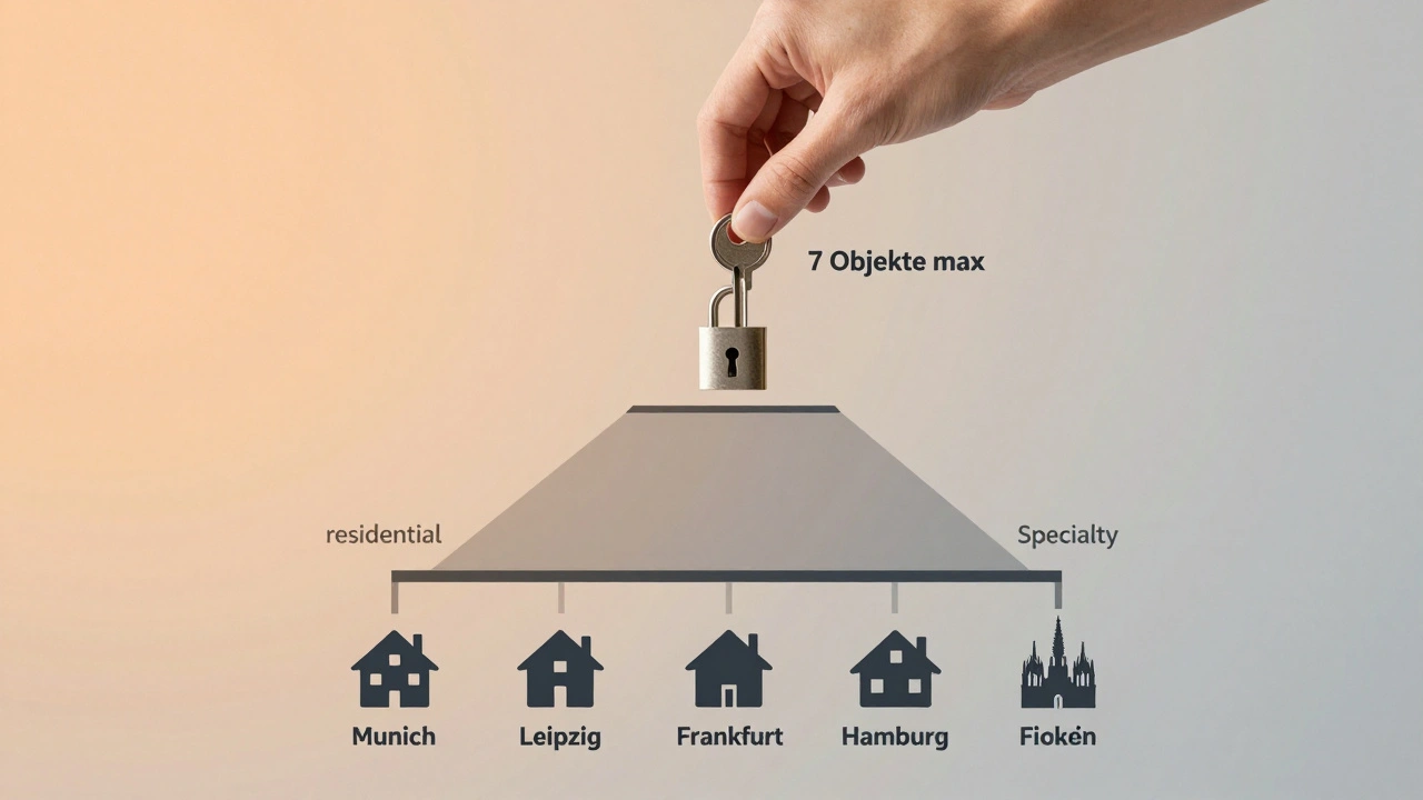 Pyramide aus fünf deutschen Städten, Immobilientypen und einer Grenze von sieben Objekten, symbolisch dargestellt ohne Text.