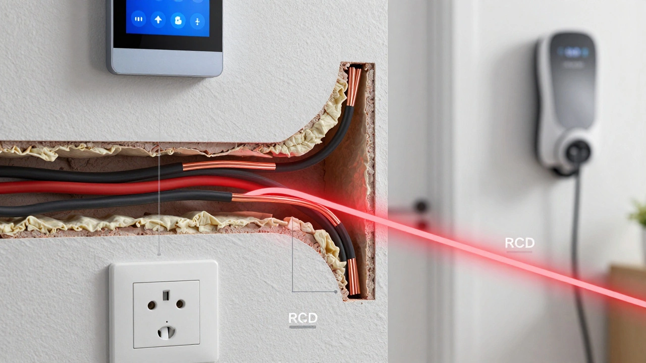 Querschnitt einer Wand mit überlasteten Leitungen und fehlender Erdung hinter einer Steckdose