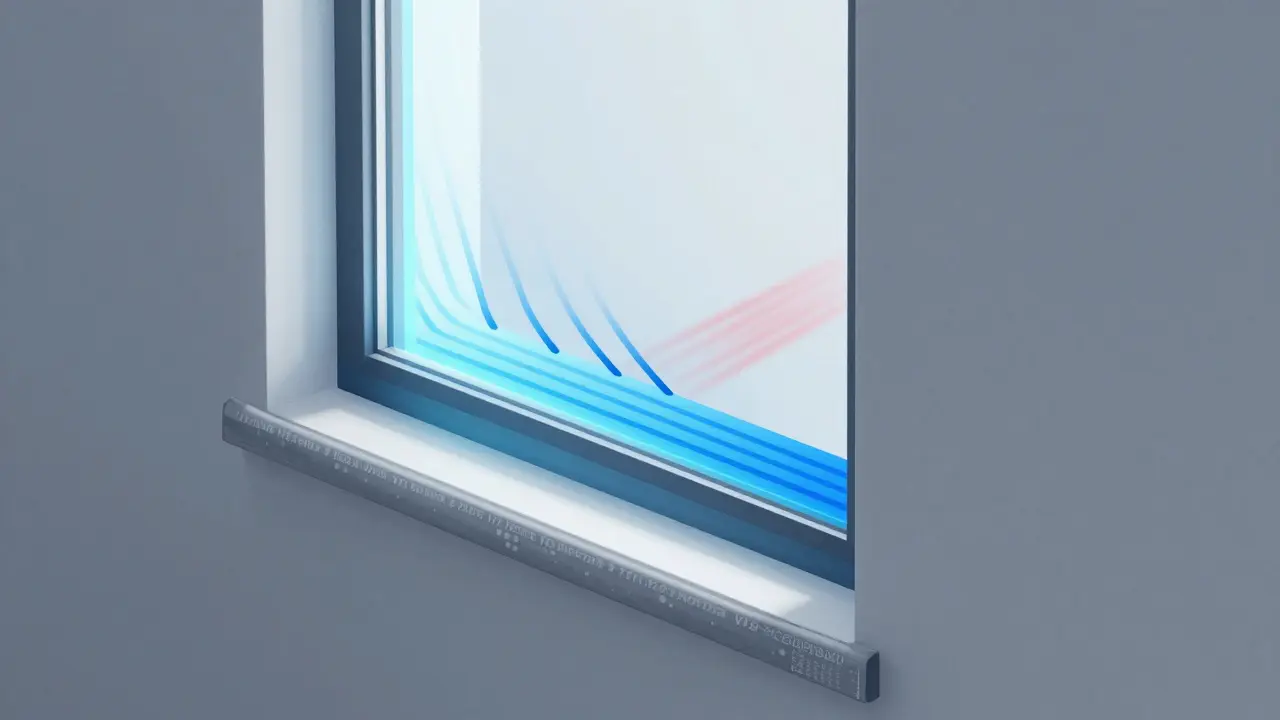 Querschnitt eines Fensteranschlages mit Wärmeflusslinien, die an der luftdichten Innenschicht stoppen.