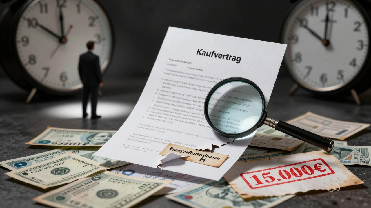 Rechtlicher Kaufvertrag über veralteten Energieausweis, mit Strafzahlung und Uhr, die auf 2030 zeigt.