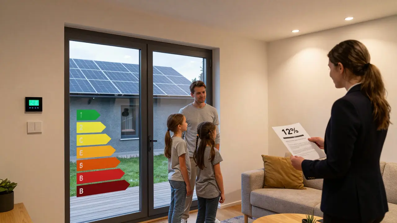 Renovated German home interior with high energy efficiency, family and agent reviewing documents showing price premium.